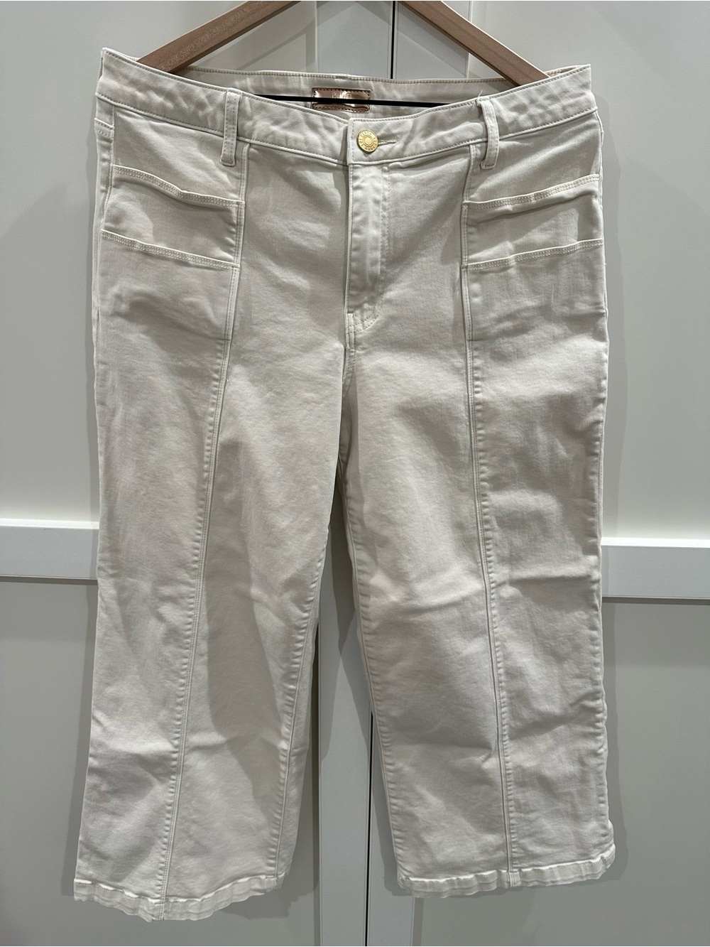 Khaki colored Kut from the Kloth Cropped Seamed Wide-Leg 98% Cotton Pants Sz 14